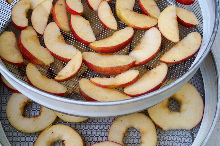 Äpfel sind in dünne Schnitze geschnitten und in ein luftdurchlässiges Sieb gelegt, damit sie trocknen können. 