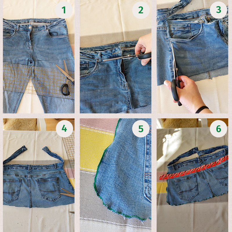 Sechs Anleitungsschritte auf dem Weg zur Gartenschürze aus einer alten Jeans.