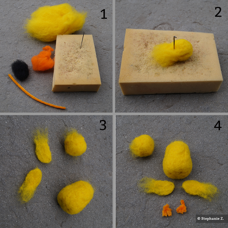 Het materiaal en de drie stappen om een kuikentje te maken.