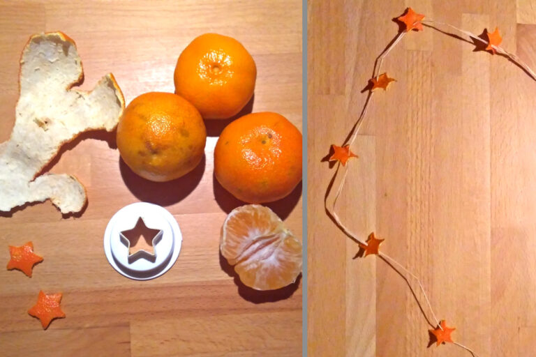 Vorher-nachher-Bild: Auf der einen Seite leigen Mandarinen un Ausstecher bereit, auf der anderen sieht man die fertige Girlande.