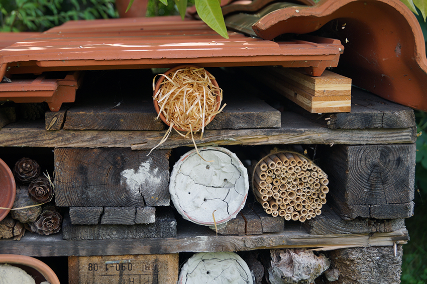 Das DIY-Insektenhotel besteht aus Tontöpfen, Stroh und Paletten.