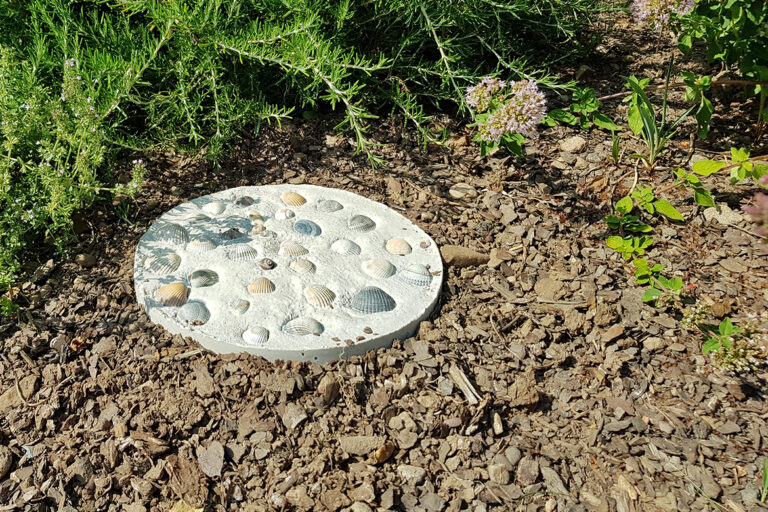 Ein runden Trittstein mit Muscheln liegt vor dem Rosmarin im Mulch.