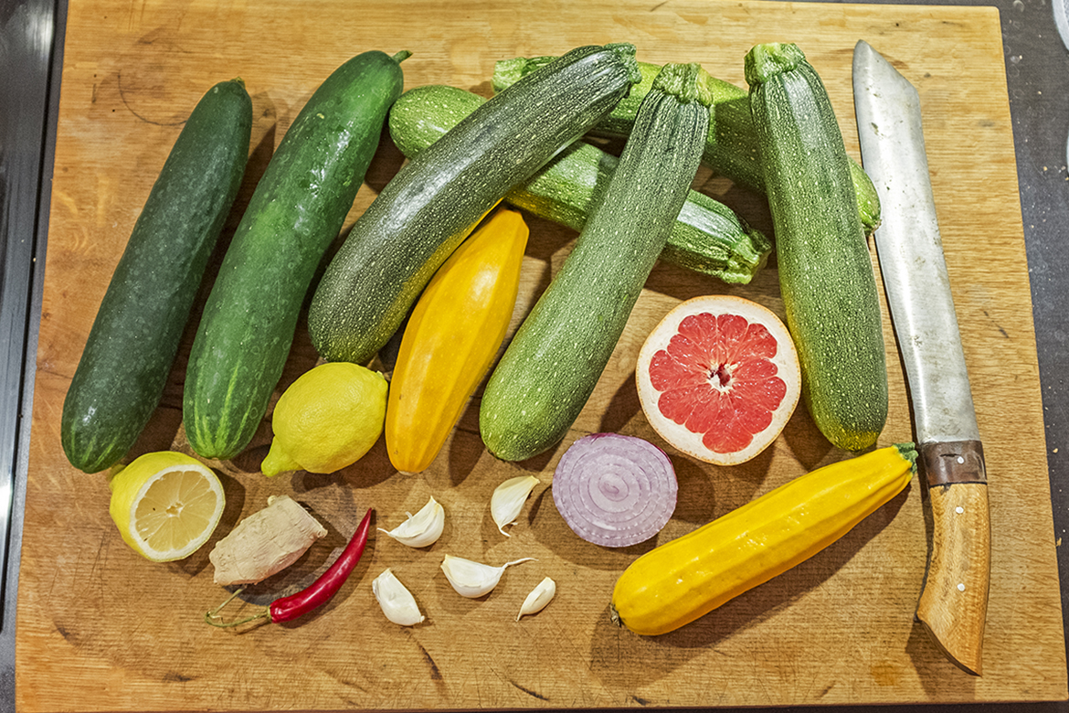 Gurken, Zucchini, Zitrone, Grapefruit und Gewürzpflanzen warten auf ihre Verarbeitung.