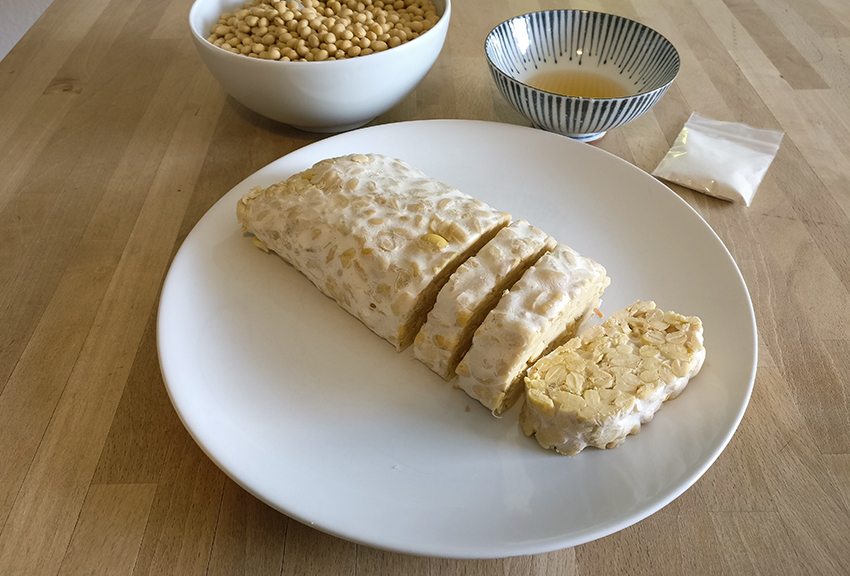 Fertiger Tempeh ist auf einem Teller angerichtet, im Hintergrund stehen Zutaten für die Tempeh-Herstellung.