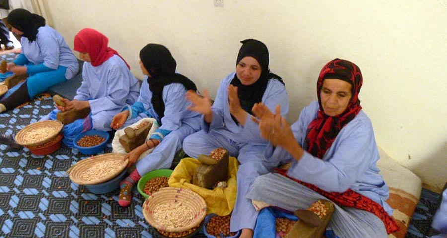 Frauen sitzen in einer Reihe und bearbeiten argan-Nüsse.