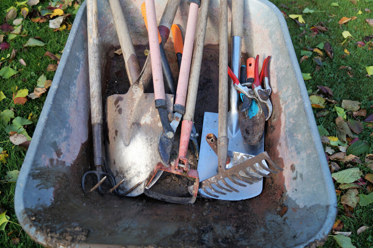 Eine Schubkarre ist mit Gartenwerkzeug gefüllt.