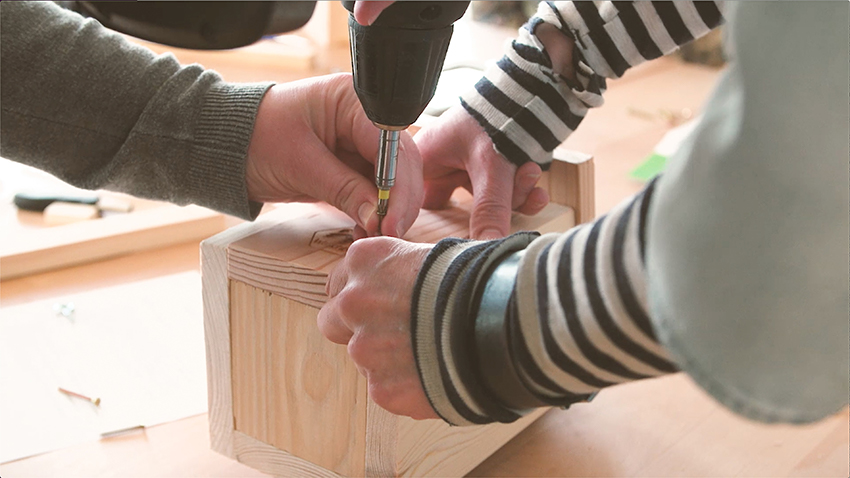 Zwei paar Hände bauen gemeinsam einen Nistkasten aus Holz zusammen.