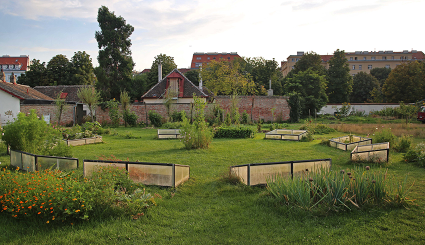 Auf einer kahlen Wiese in einer Stadt sind Beete aus Lichtschächten angelegt, um hier Urban Farming zu betreiben.