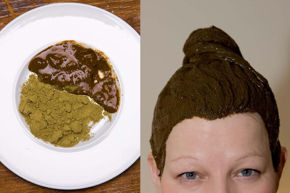 Henna Pulver und angerührte Henna Farbe sowie auf dem Haar aufgetragene Färbung sieht erst mal nicht so schön aus, das Ergbenis aber lässt sich sehen..