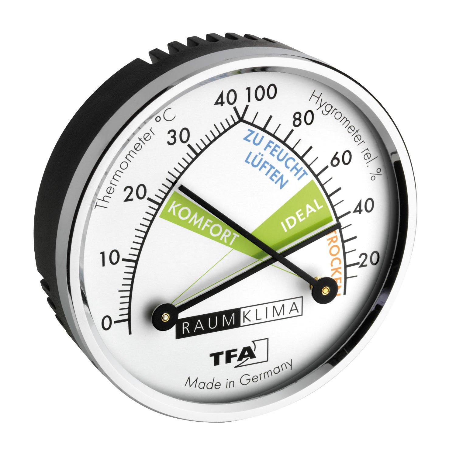 Ein Hygrometer ist abgebildet, die Anzeige gibt einen idealen Luftfeuchtigkeitsbereich aus.