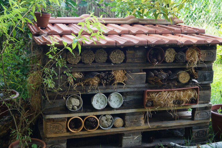 Das selbst gebaute Insektenhotel besteht aus Paletten uns Naturmaterialien.