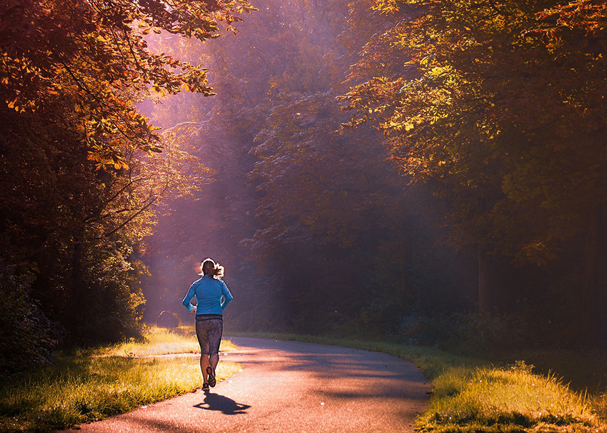 Eine Läuferin auf einem Weg zwischen Bäumen und Sonnenstrahlen.