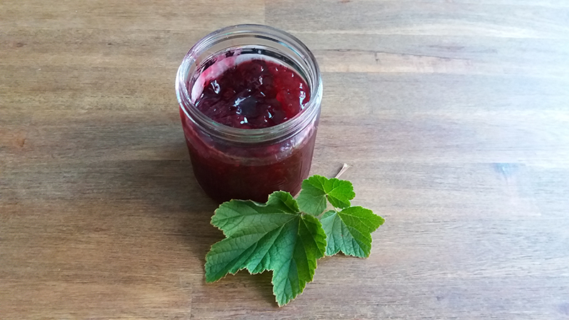 Rote Marmelade im offenen Glas, nebenan liegen Johannisbeerblätter.