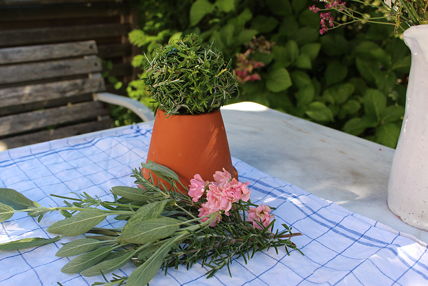 Die Kräuterkugel ist auf einem Tongefäß im Garten aufgestellt.