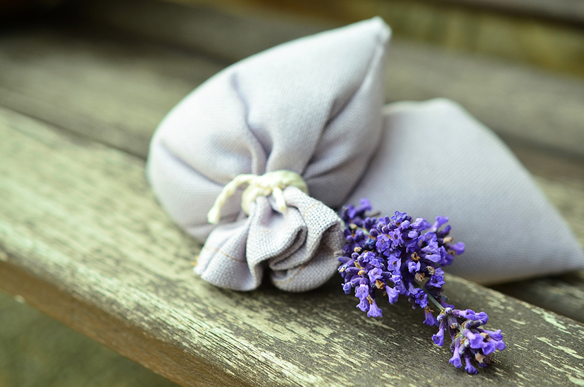 Zwei Lavendelsäckchen liegen auf einer Holzdiele, daneben liegt frischer Lavendel.