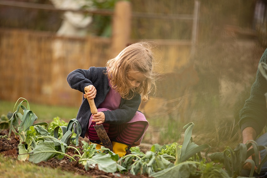 Ein kleines Mädchen kniet in einem Gemüsebeet und hält eine Schaufel in der Hand.