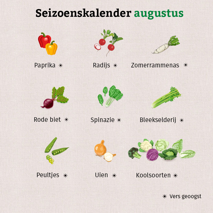 Zowel de groente- als de fruitsoorten zijn te zien in de grafiek van de seizoenskalender van augustus.