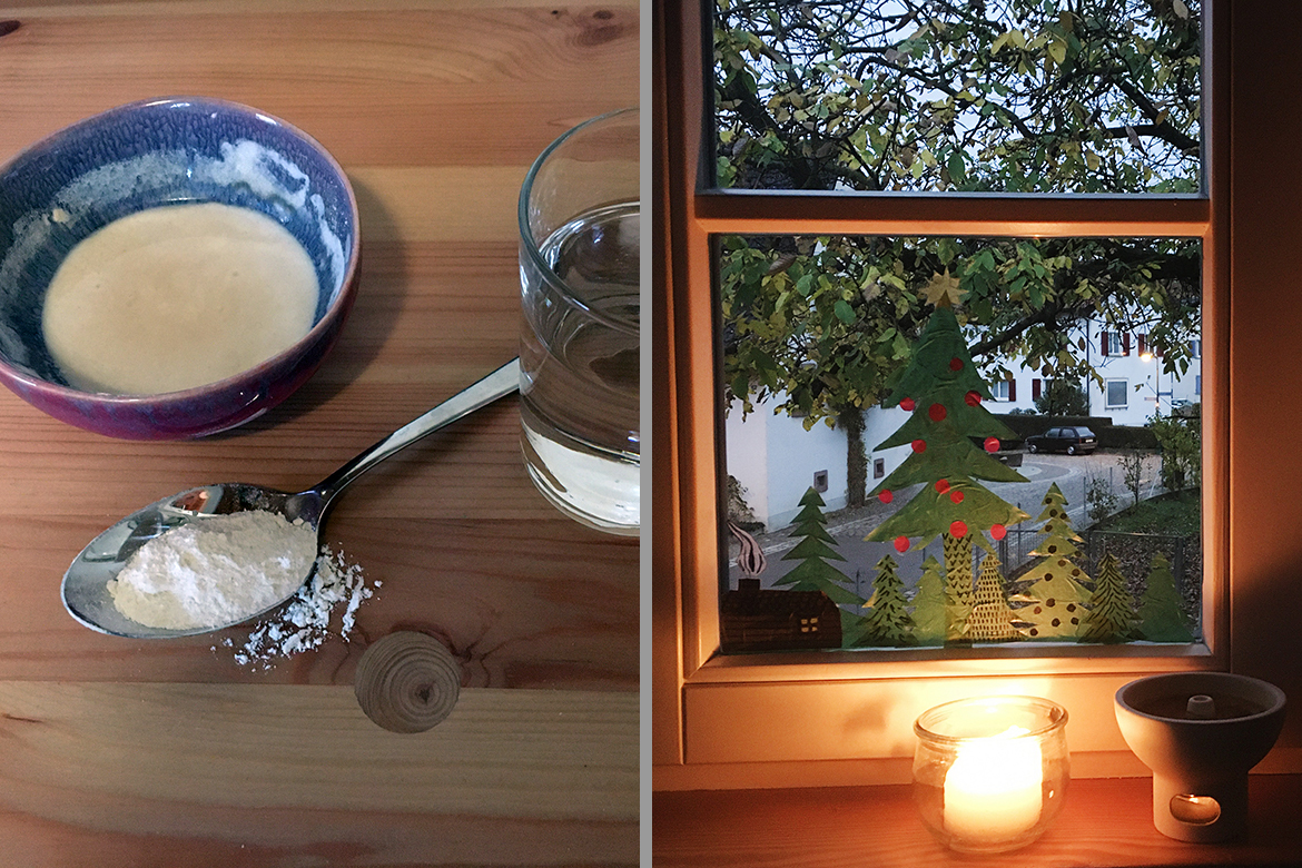 Mehlkleister links und weihnachtliche Fensterbilder rechts.