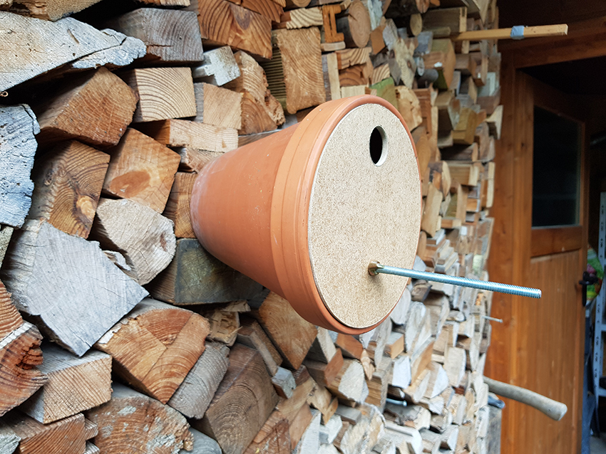 Der Tonblumentopf ist mit einer Holzscheibe verschlossen, in der ein rundes Loch und eine herausstehende schreubenstange sind. Befestigt ist das Ganze an einer Holzklotzwand.