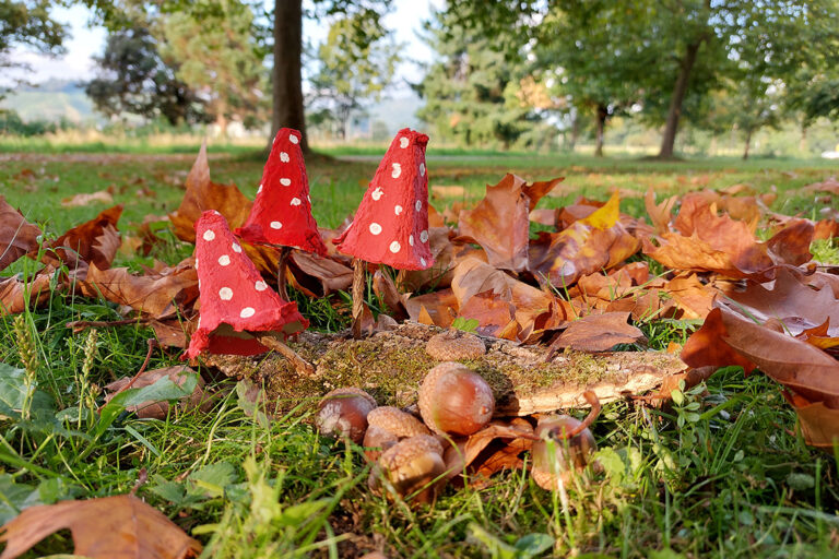 Die roten Pilze aus Eierkarton sind auf einer Wiese zwischen Herbstlaub in den Boden gesteckt.