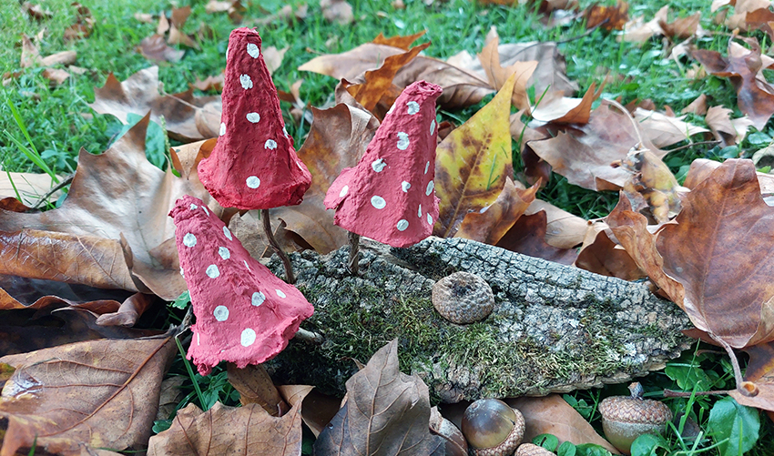 Die Pilze aus Eierkarton stecken mit kleinen Ästen in einem Stück Rinde, welches auf eine Wiese zwischen Laub platziert wurde.