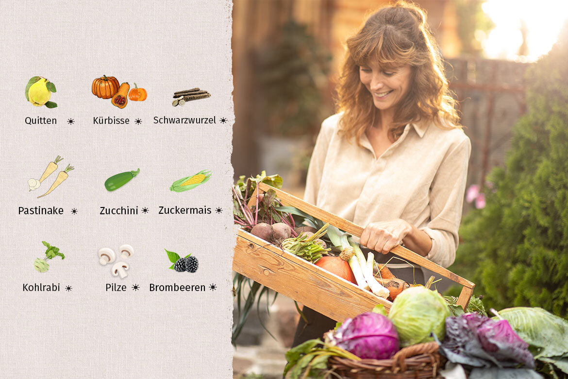 Links ist ein Ausschnitt des Saisonkalenders aus dem Oktober zu sehen, rechts hält eine Frau einen Korb mit frischer Ernte in den Händen.