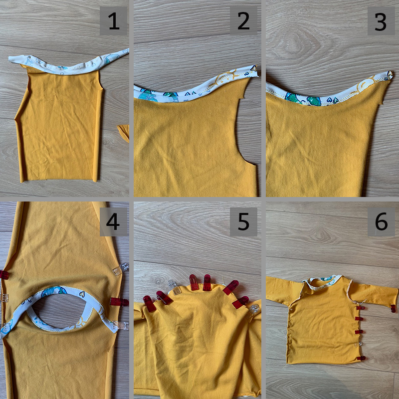 Die sechs wichtigsten Schritte für das Nähen der Babykleidung, hier des Shirts, werden nacheinander gezeigt.