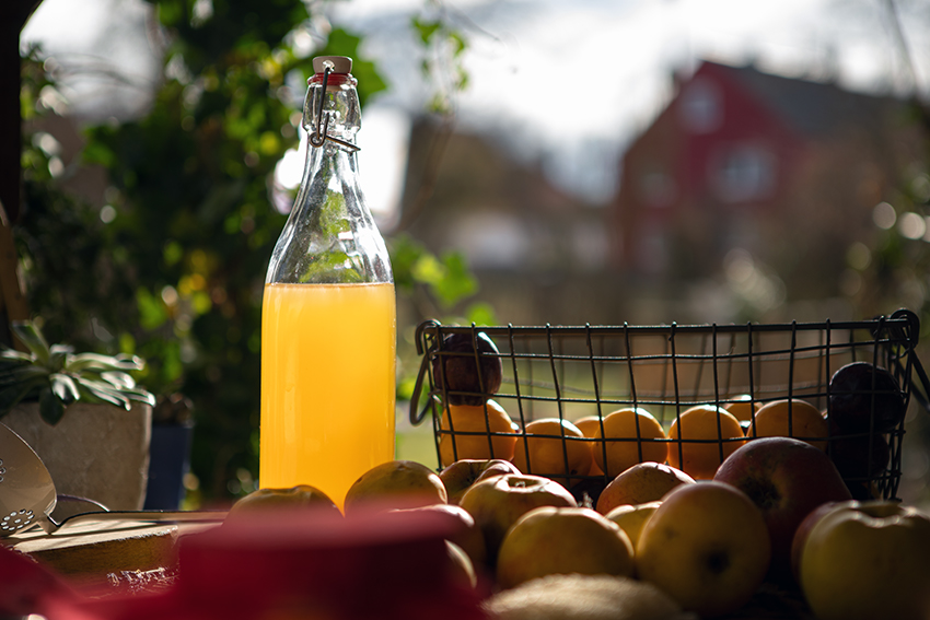 Eine Flasche selbst gepresster Apfelsaft steht neben einigen Äpfeln auf einem Gartentisch.
