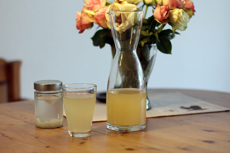 Eine Karaffe mit fertigem Wasserkefir, ein Glas des Getränks sowie ein Glas mit Kefirkristallen stehen auf einem Tisch.