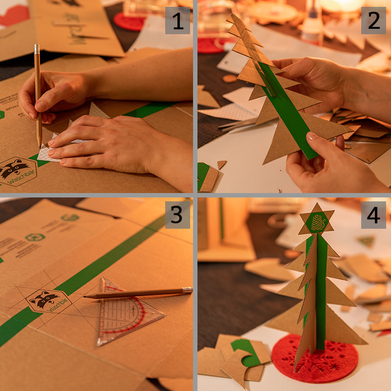 De vier belangrijkste knutselstappen voor de kartonnen kerstboom.