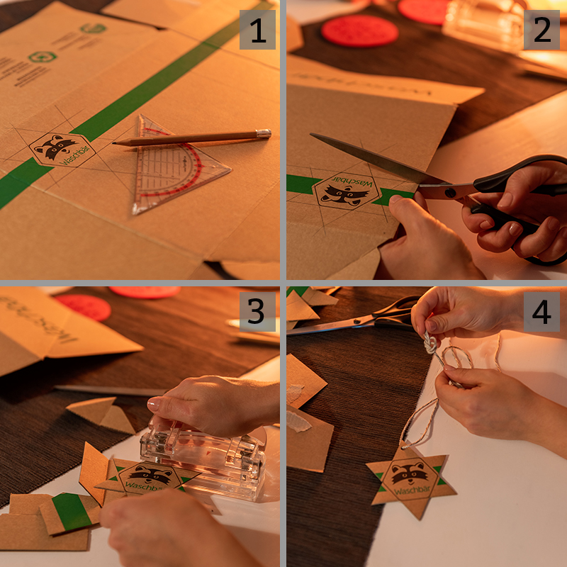 Vier stappen om een kerstster van karton te maken.