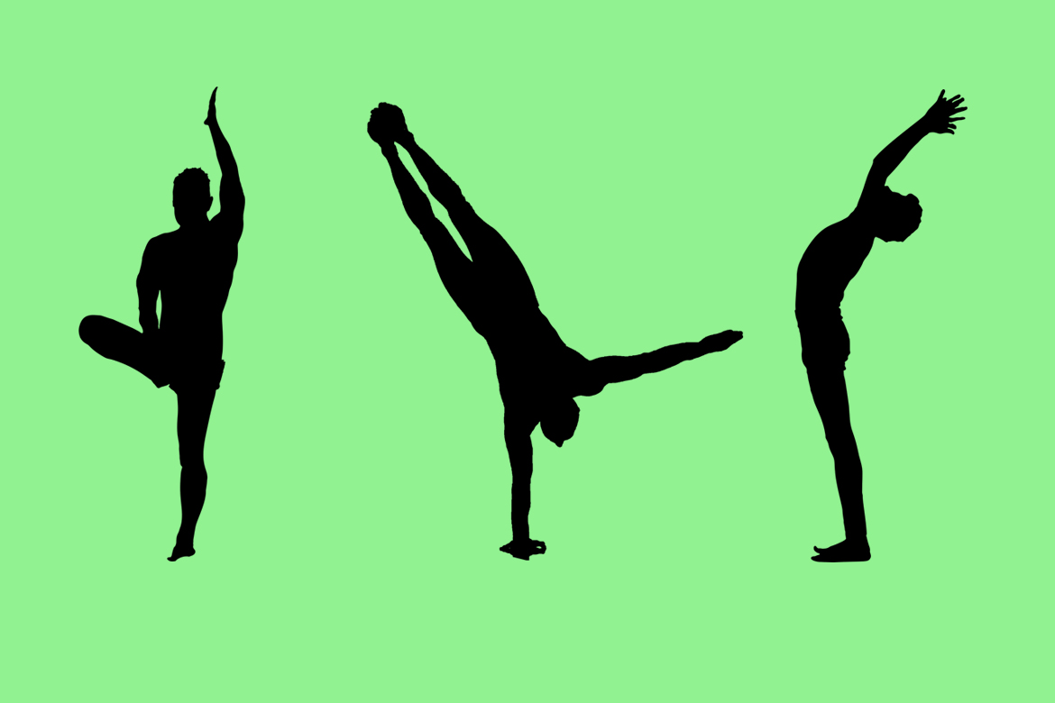 Scherenschnittartige Darstellung dreier Yoga-Übungen
