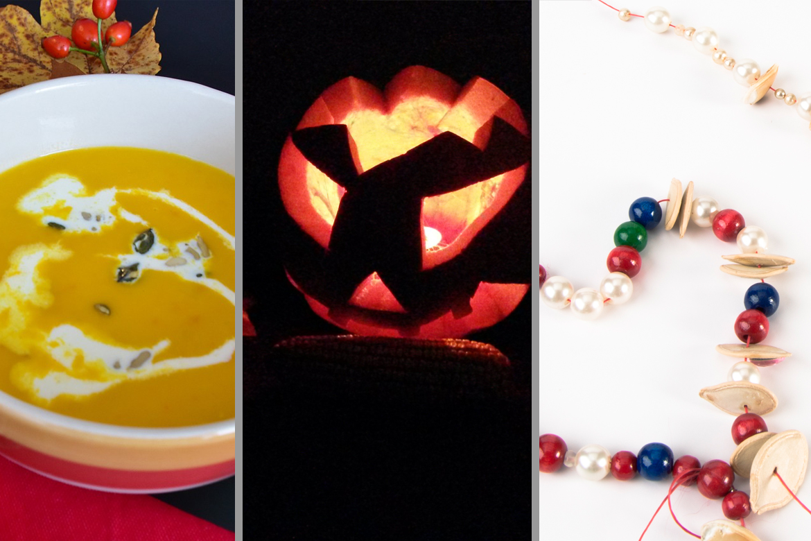 Suppe, Kürbis-Kopf und mit bunten Perlen aufgefädelte Kürbiskerne zeigen, wie sich der Halloween-Kürbis verwerten lässt.