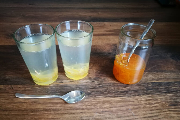 Zwei Gläser aufgegossener Sirup stehen neben einem Glas mit orangefarbenem Sirup.