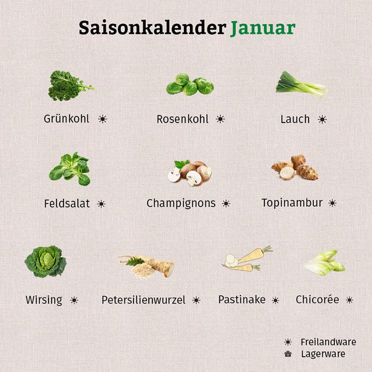 Die Grafik zeigt auf, welches Obst und Gemüse im Januar als Freilandware erhältlich ist.