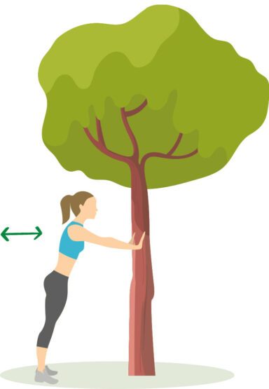 Die Illustration zeigt eine Frau, die Liegestützen an einem Baum beim Sport im Wald macht.