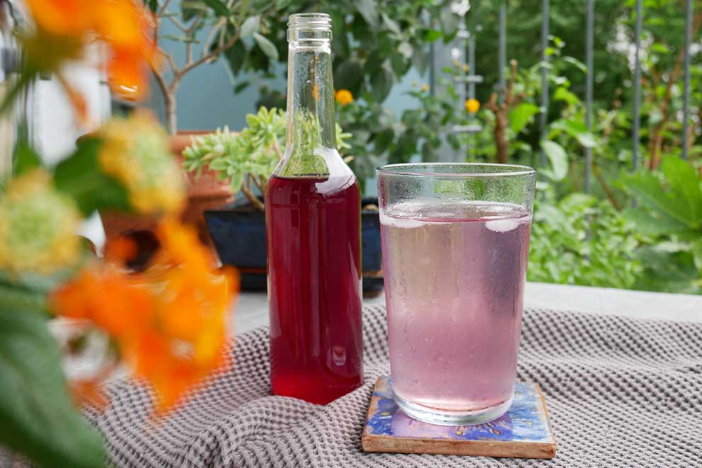Ein Glas mit rosa gefärbtem Inhalt steht neben einer Flasche Kirsch-Sirup auf dem Gartentisch.