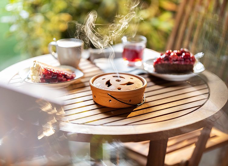 Der Wespendufter aus Ton steht neben Kuchen auf einem Gartentisch, um Wespen zu vertreiben.