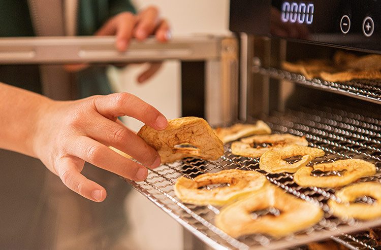 De gedroogde appelringen worden uit de voedseldroger gehaald.