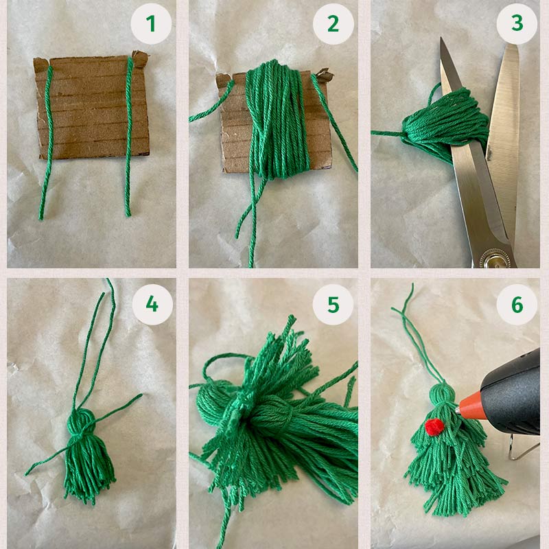 De zes stappen voor het maken van een kerstboompje van garen worden afgebeeld.