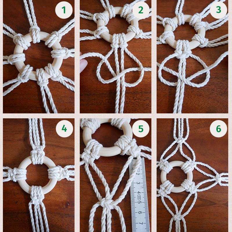 De afzonderlijke productiestappen van de macramé flessenhouder worden getoond.