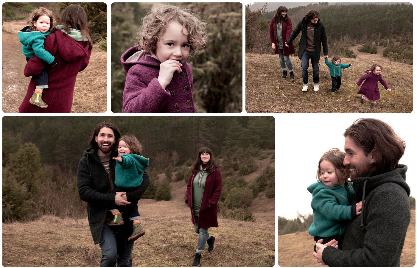 Eine Collage aus Bildern von einer Familie mit zwei Kindern mit Jacken und Mänteln aus Wollwalk in einer herbstlichen Landschaft