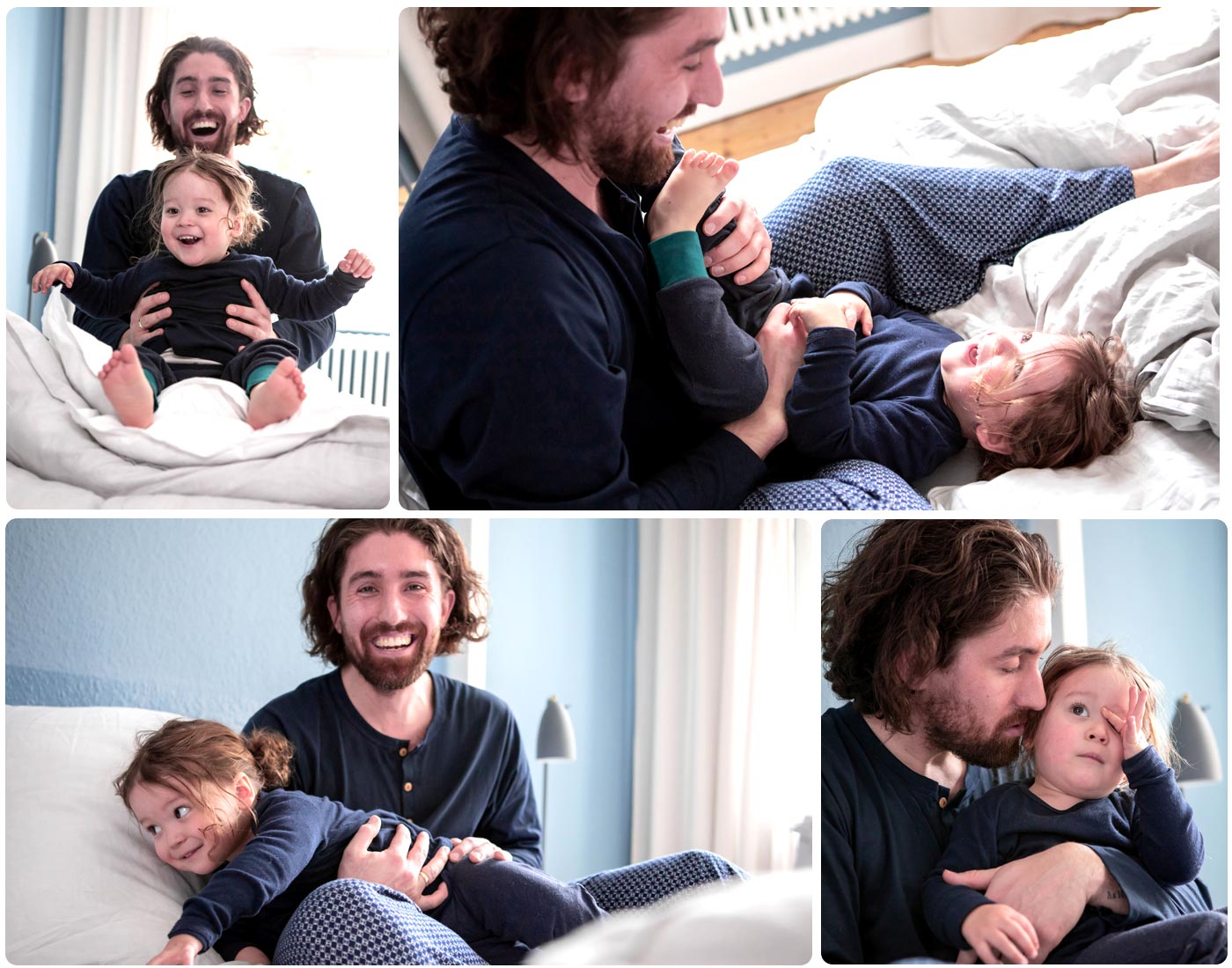Eine Collage aus verschiedenen Bildern von einem Mann und Kind im Schlafanzug, wie sie auf dem Bett toben