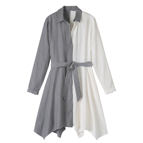 Hemdblusenkleid aus TENCEL™ Fasern mit Gürtel, weiß/grau-gestreift