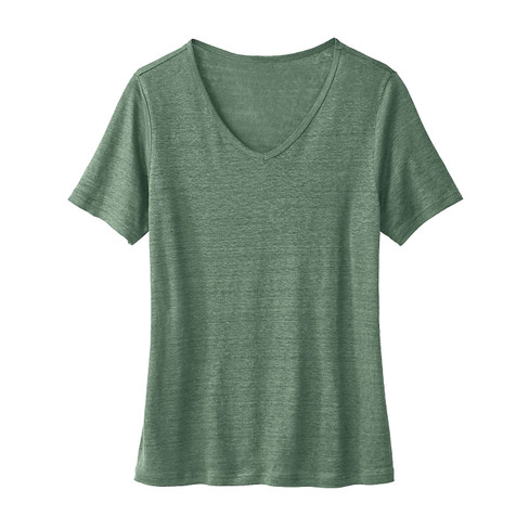 T-Shirt mit V-Ausschnitt aus Leinen, seegras