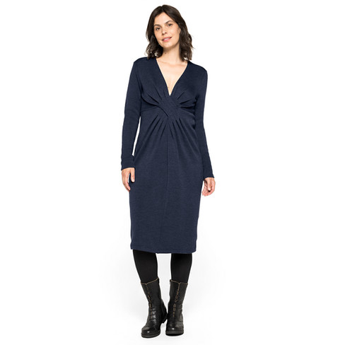 Wolljerseykleid mit Kreuzraffung aus reiner Bio-Wolle, nachtblau