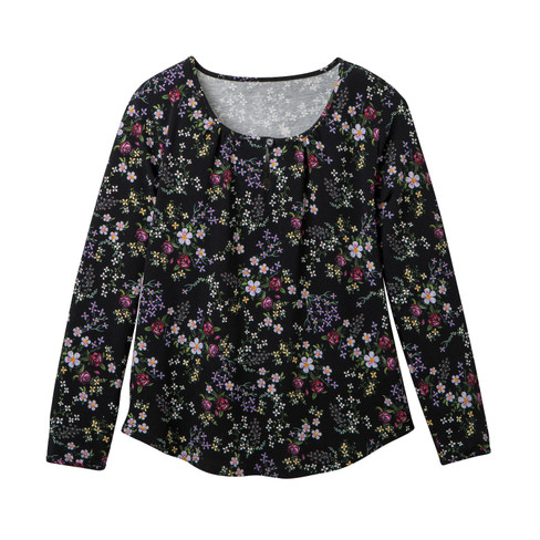 Feminines Shirt aus Bio-Baumwolle mit Streublumenprint und Tunika-Ausschnitt, schwarz-gemustert