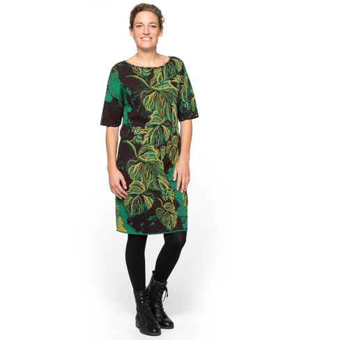 Jacquard-Strickkleid aus Bio-Baumwolle mit Tropenblatt-Muster, grün-gemustert