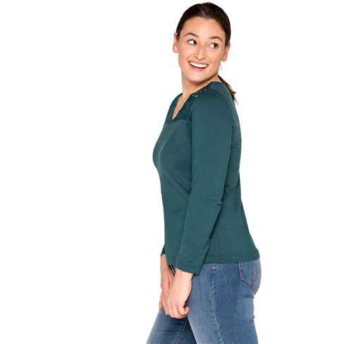 Langarmshirt aus Bio-Baumwolle mit Spitze, smaragd