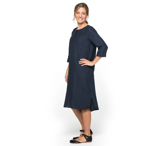 Tunika-Leinenkleid mit kurzer Knopfleiste und 3/4-Arm, nachtblau